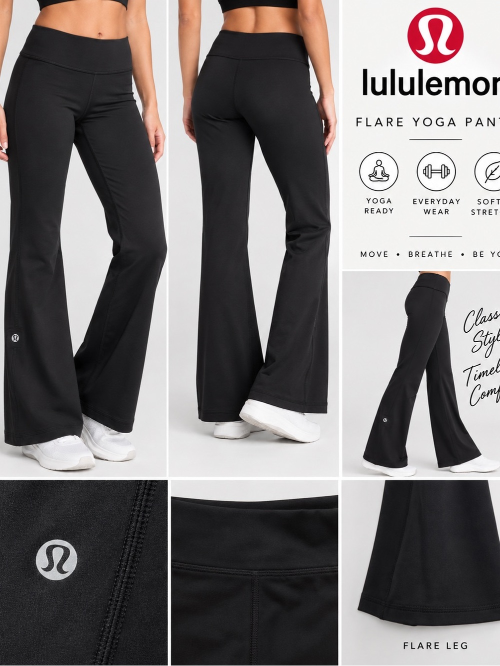 Lululemon Black Flare Yoga Pants Leggings Size 6 Low Rise 32” Inseam